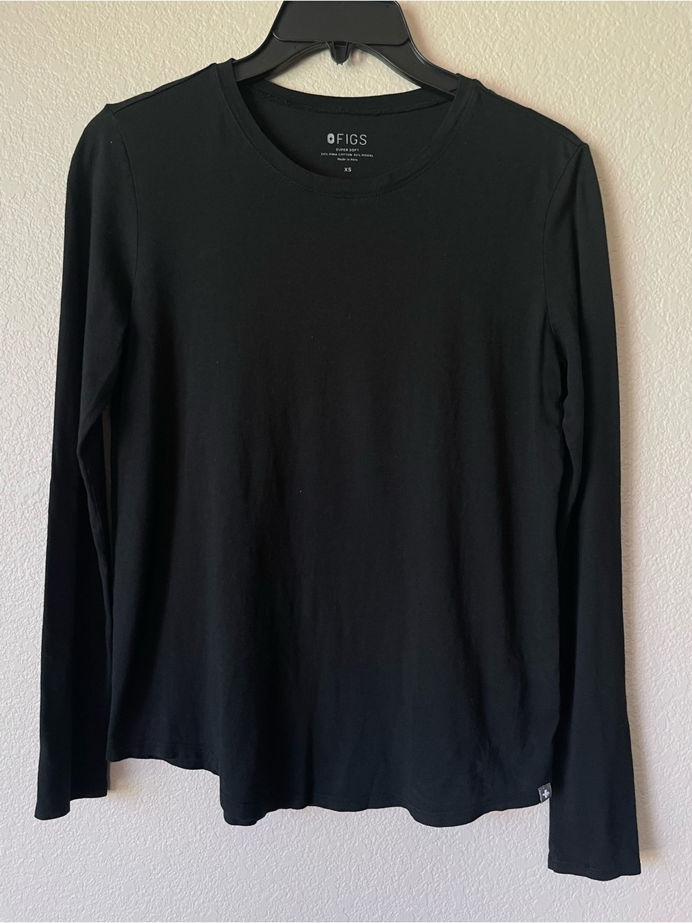 Figs Black Cotton and Modal Blend Crew Neck Long Sleeve Stretchy and Cozy XS